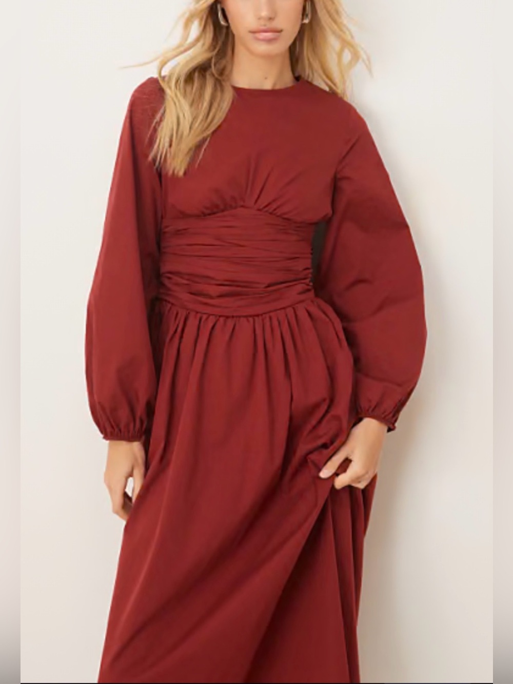 Elegant Short Sleeve Gathered Waist Maxi Dress - Deep Red